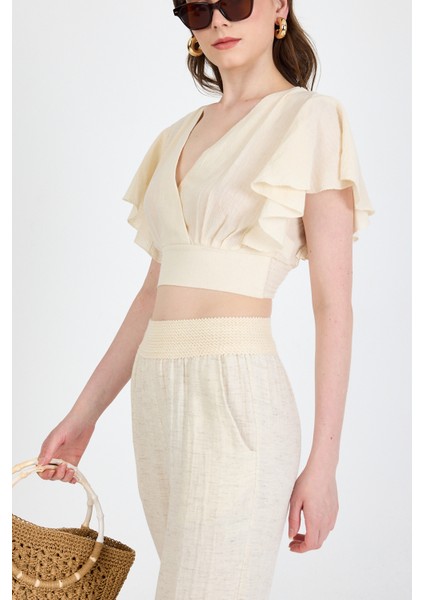 Natural Keten Görünümlü %100 Pamuk Fırfır Kol Detaylı Crop Bluz 6942 fiyatları