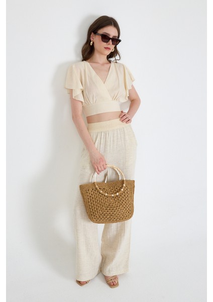 Natural Keten Görünümlü %100 Pamuk Fırfır Kol Detaylı Crop Bluz 6942 modelleri