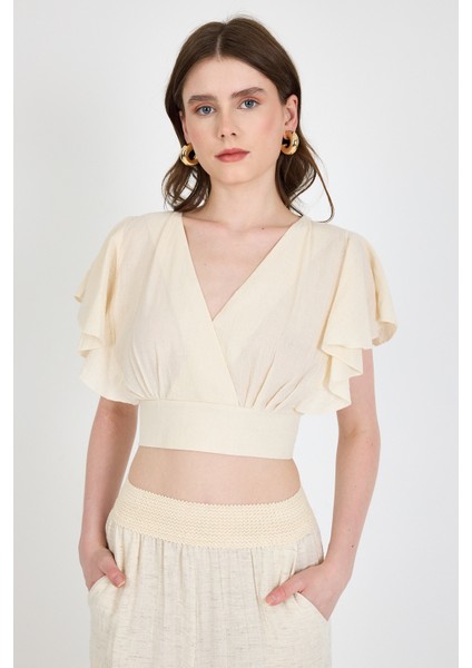 Natural Keten Görünümlü %100 Pamuk Fırfır Kol Detaylı Crop Bluz 6942 fırsatları