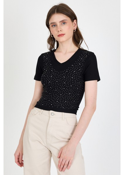 Siyah Taş Işleme Detaylı V Yaka Slim Fit Tişört 0949