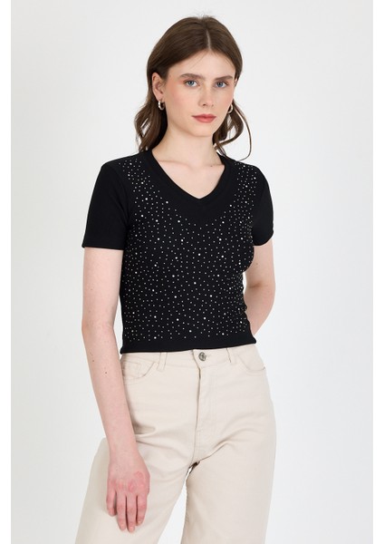 Siyah Taş Işleme Detaylı V Yaka Slim Fit Tişört 0949 fiyatları