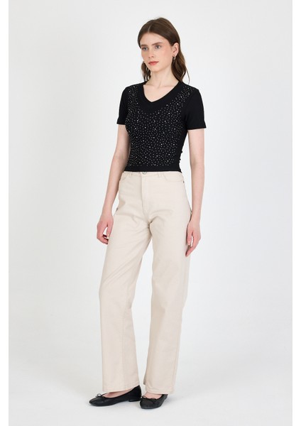 Siyah Taş Işleme Detaylı V Yaka Slim Fit Tişört 0949 modelleri