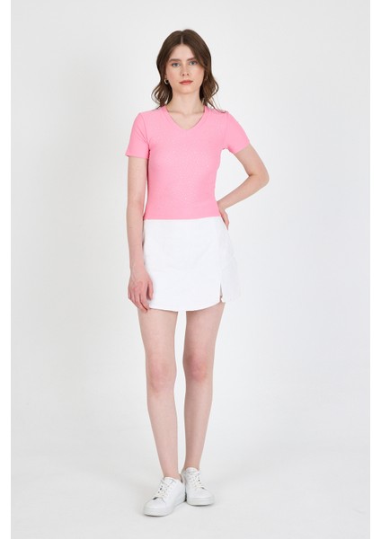 Pembe Taş Işleme Detaylı V Yaka Slim Fit Tişört 0949 modelleri