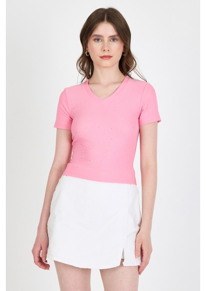 Pembe Taş Işleme Detaylı V Yaka Slim Fit Tişört 0949 fiyatları