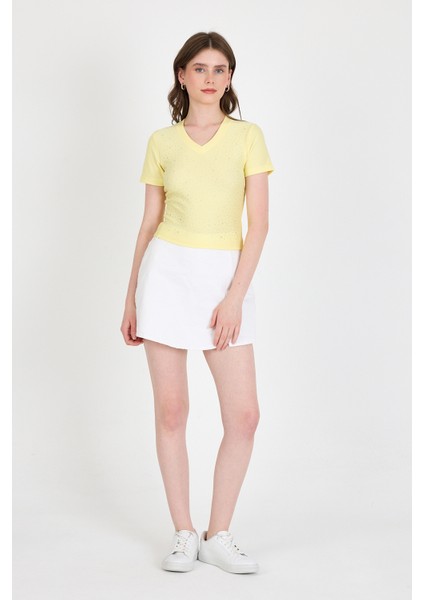 Sarı Taş Işleme Detaylı V Yaka Slim Fit Tişört 0949 modelleri