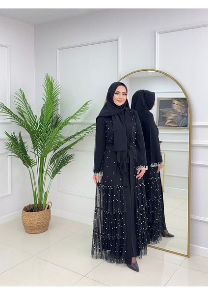 Kadın Tesettür Uzun Kollu Abaya Elbise & Inci Çakma Tül