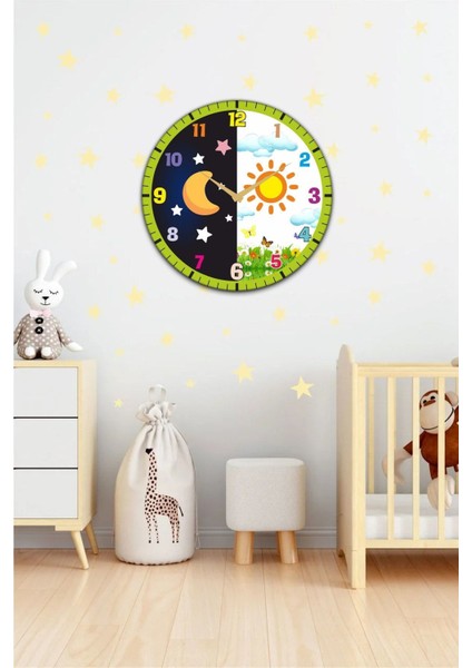 Renkli Çocuk Odası Duvar Saati, Gece Gündüz Temalı, Dijital, Uv Baskılı, 48 cm fiyatları