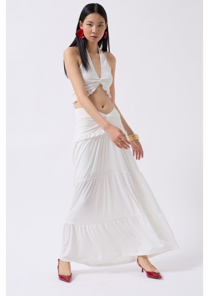 Düğüm Detay Fırfırlı Ekru Crop