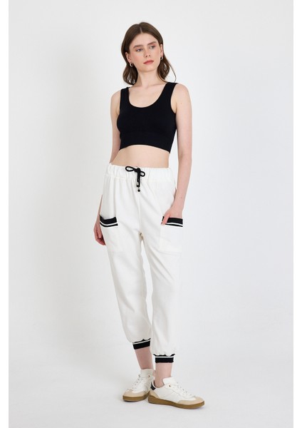 Ekru Bel Lastikli Cepli Şerit Detaylı Jogger Eşofman Altı 81524