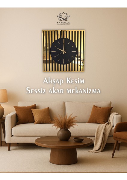 Modern Ahşap Duvar Saati, Gold ve Siyah Detaylar, Sessiz Mekanizma ile Şık Tasarım modelleri