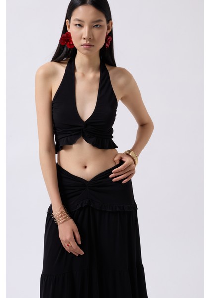 Düğüm Detay Fırfırlı Siyah Crop modelleri