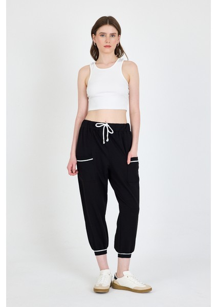 Siyah Bel Lastikli Cepli Şerit Detaylı Jogger Eşofman Altı 81524