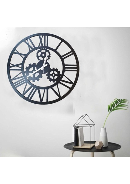 Şık Lazer Kesim Desenli Ahşap Duvar Saati, Siyah Renk
