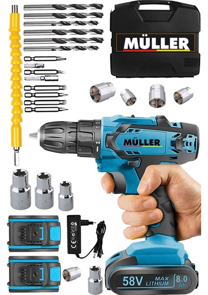 Germany X-Torq 58 V 8 Ah Çift Metal Şanzıman Çift Akülü Vidalama Matkap 27 Parça Set