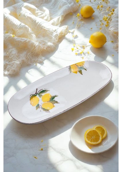 Limon Desen El Yapımı Organik Kayık Tabak 36 cm