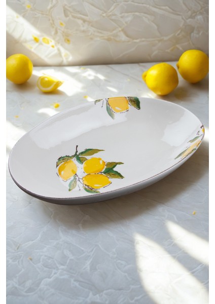 Limon Desen El Yapımı Organik Oval Salata Kase 35 cm