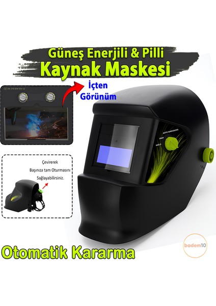 Solo Pro Ayarlı Güneş Enerjili Pilli Otomatik Kararan Baş Maskesi Siperlik Kartuşlu Kaynak Gözlüğü