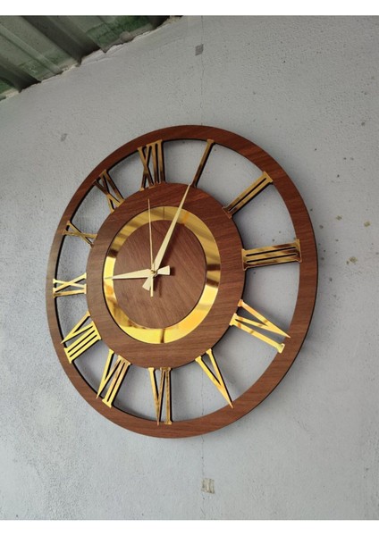 Şık ve Dekoratif 50CM Ahşap Duvar Saati, Siyah ve Ceviz Tonları, Gold Detaylı fiyatları
