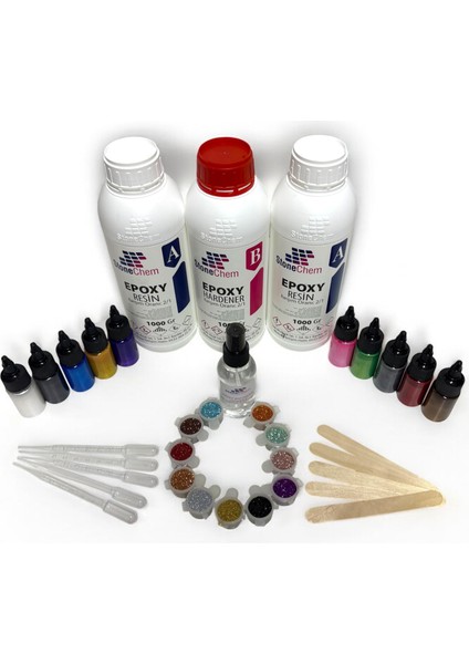 3 kg Şeffaf Epoksi + Köpük Giderici + Sıvı Sedefli Pigment + Sim Seti+ Pipet + Karıştırıcı Çubuk