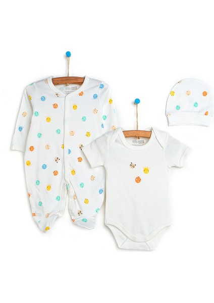 Unisex Yenidoğan Tulum - Body - Şapka 3'lü Set Hayvan Desenli Çıtçıtlı Yaka Uzun Kol Ekru