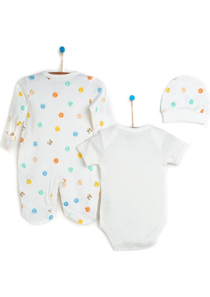 Unisex Yenidoğan Tulum - Body - Şapka 3'lü Set Hayvan Desenli Çıtçıtlı Yaka Uzun Kol Ekru