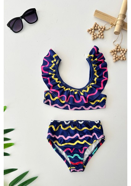(3-10 Yaş) Çizgili Kız Çocuk Bikini mayo takım - Lacivert
