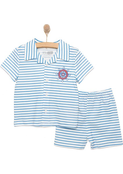 Erkek Bebek Pijama Takımı Çizgili Gömlek Yaka Reçme Paça Kısa Kol Açık Mavi 6 Ay