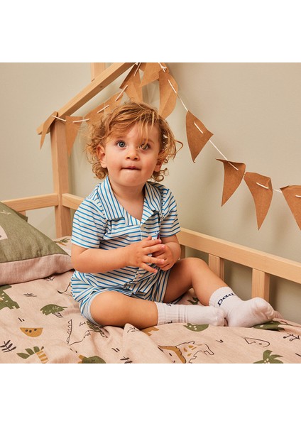 Erkek Bebek Pijama Takımı Çizgili Gömlek Yaka Reçme Paça Kısa Kol Açık Mavi 6 Ay