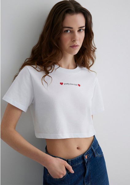 Baskılı Beyaz Crop Tişört 1613208-620
