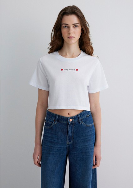 Baskılı Beyaz Crop Tişört 1613208-620 modelleri