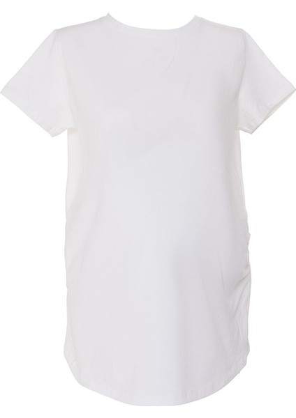 Anne Giyim Hamile Tşört Büzgülü Bisiklet Yaka Kısa Kol Beyaz