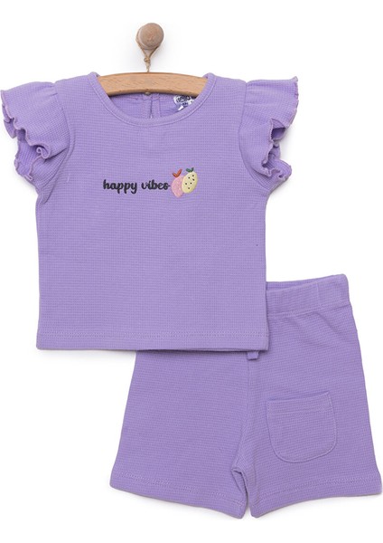 Kız Bebek Tişört-Şort 2li Takım Soft Colorful Bisiklet Yaka Reçme Paça Kısa Kol Mor