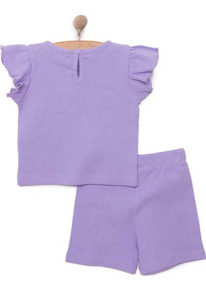 Kız Bebek Tişört-Şort 2li Takım Soft Colorful Bisiklet Yaka Reçme Paça Kısa Kol Mor