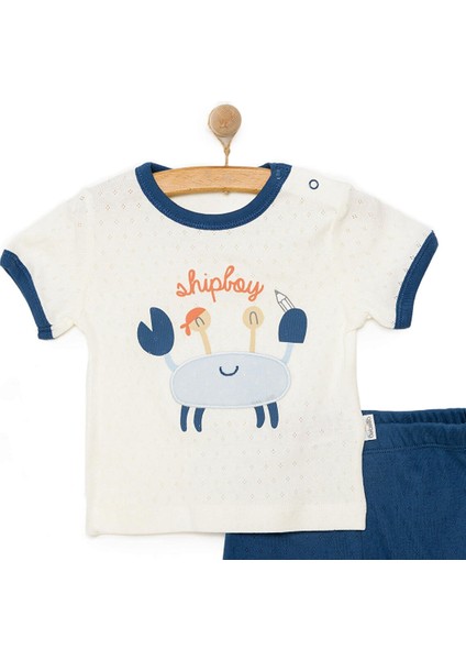 Yenidoğan Erkek Bebek Tshirt-Şort 2li Takım Interlok Ship Boy Bisiklet Yaka Kısa Kol Lacivert modelleri