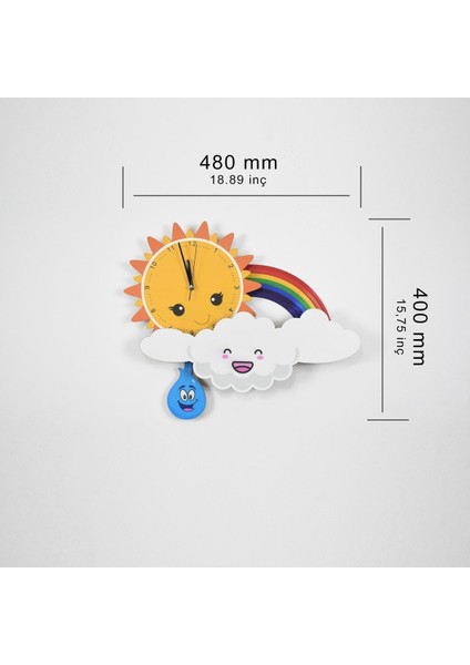 Renkli 3D Bulut, Güneş ve Gökkuşağı Çocuk Odası Ahşap Duvar Saati fırsatları