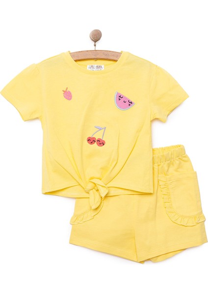 Kız Bebek Tişört-Şort 2li Takım Soft Colorful Bisiklet Yaka Reçme Paça Kısa Kol Sarı