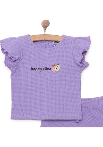 Kız Bebek Tişört-Şort 2li Takım Soft Colorful Bisiklet Yaka Reçme Paça Kısa Kol Mor modelleri