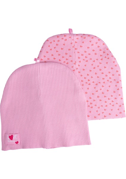 Kız Bebek 2li Örme Bere Kalp Desenli Pembe