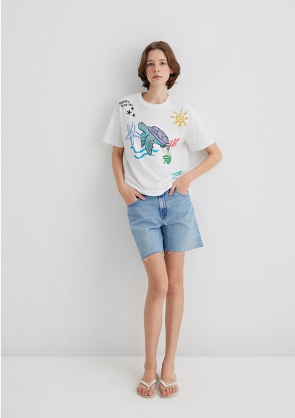 Indigo Turtles Baskılı Ekru Tişört 1613532-70057