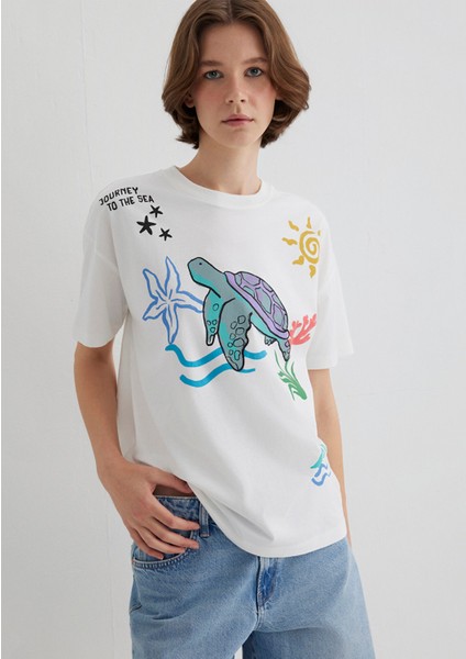 Indigo Turtles Baskılı Ekru Tişört 1613532-70057 fırsatları