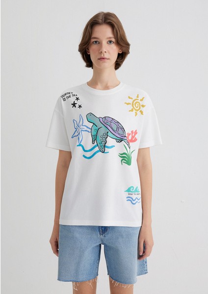 Indigo Turtles Baskılı Ekru Tişört 1613532-70057 indirimleri