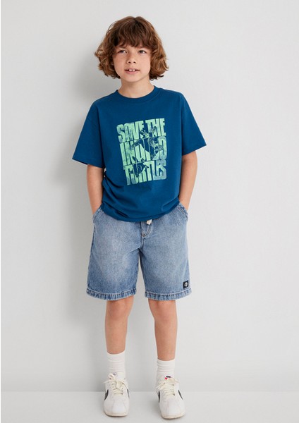 Indigo Turtles Baskılı Mavi Tişört 6610394-89110 modelleri