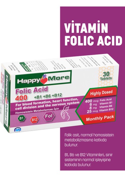 HappyMore Folik Asit ve B Grubu Vitaminler İçeren 30 Tablet Takviye Edici Gıda