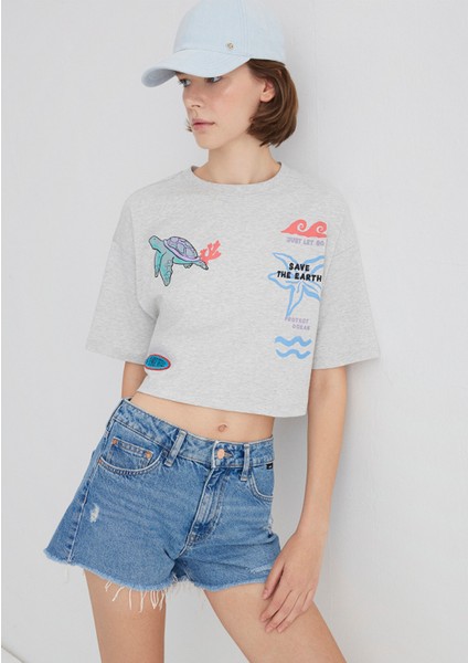 Indigo Turtles Baskılı Gri Tişört 1613533-87033