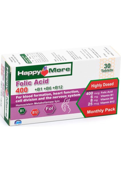 HappyMore Folik Asit ve B Grubu Vitaminler İçeren 30 Tablet Takviye Edici Gıda modelleri