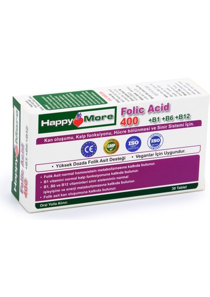 HappyMore Folik Asit ve B Grubu Vitaminler İçeren 30 Tablet Takviye Edici Gıda fırsatları