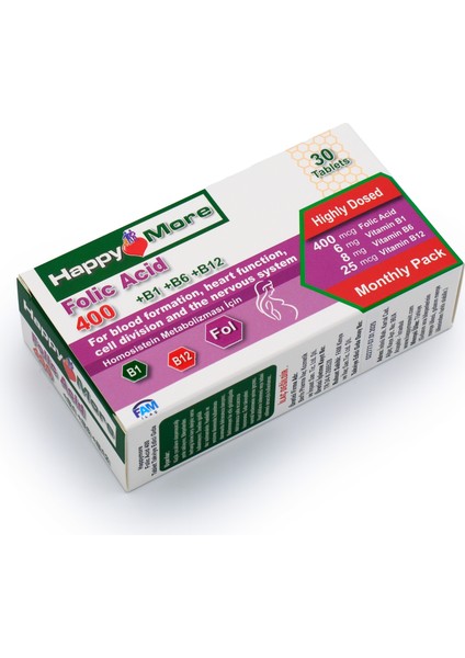 HappyMore Folik Asit ve B Grubu Vitaminler İçeren 30 Tablet Takviye Edici Gıda