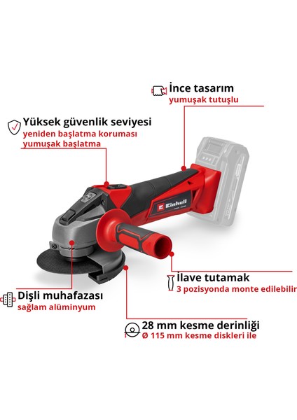 Akülü Avuç Taşlama TC-AG 18/115 Li-Solo Power X-Change (18 V, 115 mm Disk Çapı, 28 mm Kesme Derinliği, Softstart, Kesme Diski Dahil Değil, Akü dahil değildir) [Enerji Sınıfı A+] - 4431130
