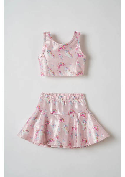 Rainbows And Unicorns Pembe Kısa Üst & Şort Etek Takım