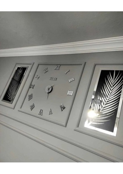 3 Parçalı Akrilik Pleksi Aynalı Palmiye Yapraklı ve Roma Tarzı Duvar Saati Seti modelleri